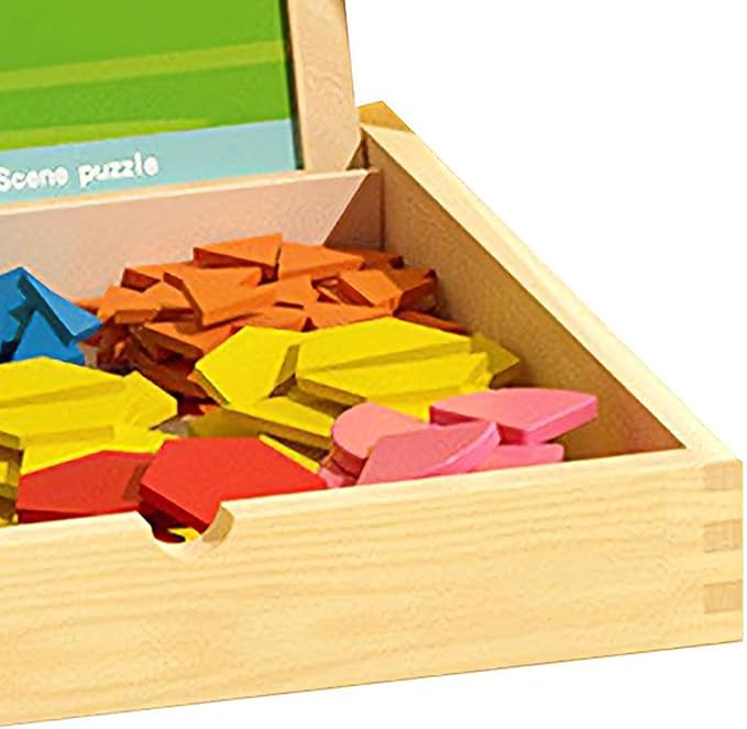 Pattern Blocks, Creative Learning Design, 22.5x22.5x3.7cm, Wooden Magnetic Educational Toys, STEM Tangram Shape Block Set, Exciting to Play, for Kids Boys Girls Home Travel Classroom