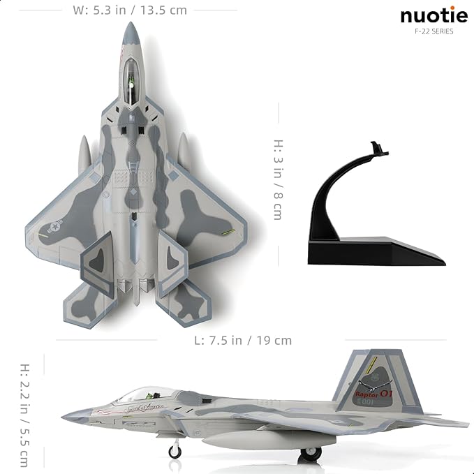 1/100 F-22 Raptor Jet Fighter Model Stealth Combat Airplane Air Force Aircraft Alloy Metal Diecast Wing F22 Diecast Plane Model with Display Stand Collection Gift for Adult (AF91001)