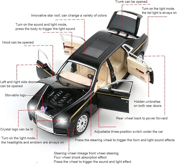 1/24 Diecast Car Model Rolls-Royce Phantom Toy Car, Alloy Collectible Phantom Replica Pull Back Model Car Vehicles with Sound and Light for Kids Boys Girls Birthday Gift