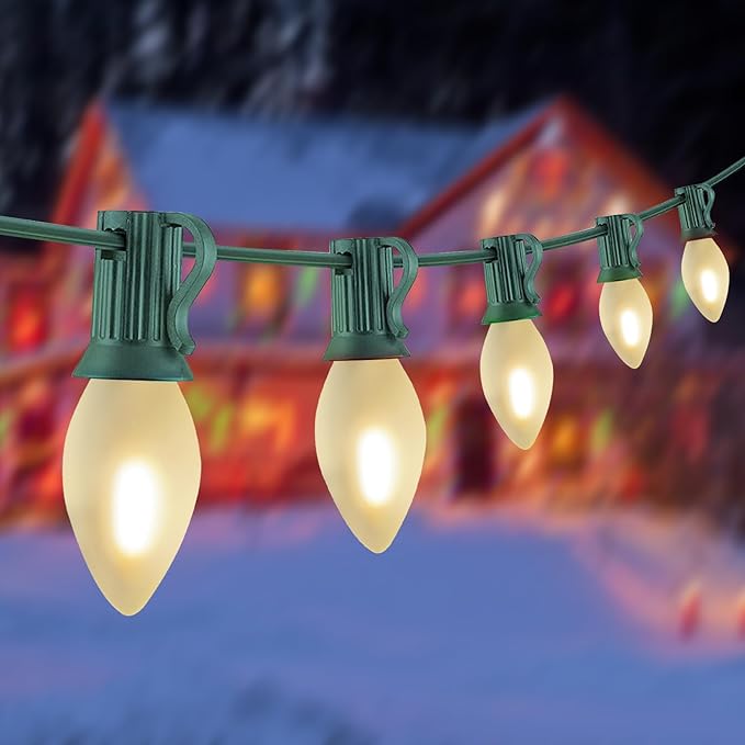 Abeja C7 LED Christmas Lights, 25Ft C7 Frosted White String Lights with 27 Vintage Incandescent Bulbs (E12 Base, 0.6W) Christmas Vintage String Light for Backyard Porch Balcony Party Christmas Decor
