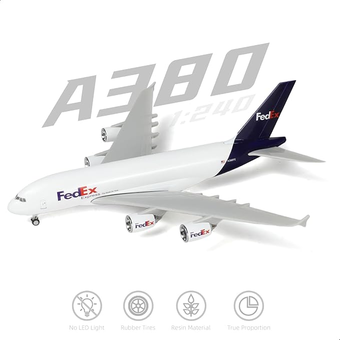 1/240 Compatible for FedEx A380 Airplane Model Kits (30cm L) for Airbus A380 Resin Plane Model with Display Stand for Adult Aviation Gift or Display Decoration