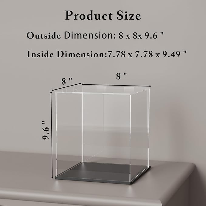 Acrylic Box with Matte Black Base, Simple Self-Assembly Clear Acrylic Display Case, 9 Inch Cube Dustproof Showcase with Lid for Collectibles, Toys and Jewelry (8x8x9.6 inch)