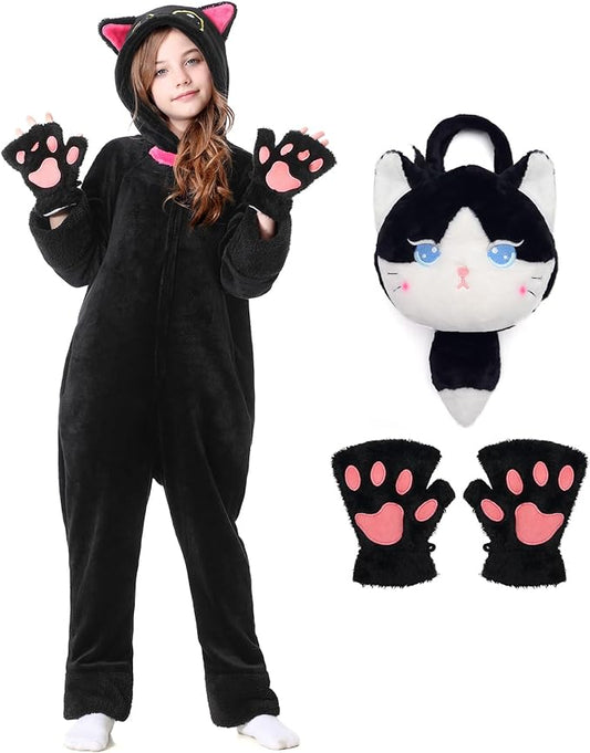 Resiwai Cat Costume for Girls and Boys, Animal Onesie Costumes with Bag and Cat Paws, Halloween Kitty Costume for Kids