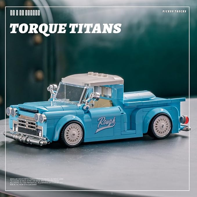 PB8840 1:32 Blue Retro Pickup Truck Buliding Blocks Set, 297 Pieces Scale Model Car Container Display Box, Clamping Blocks Toy Gift for Adults