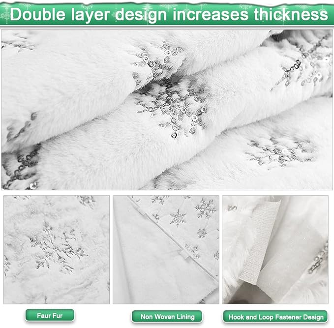 72 Inches Christmas Tree Skirt - Vonhen White Faur Fur Xmas Tree Skirts for Christmas Tree Holiday Party Decorations with Sequin Silver Snowflakes