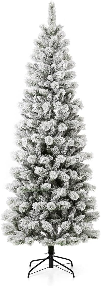 Glitzhome 7.5ft Prelit Christmas Tree, Flocked Artificial Christmas Tree, Pencil Christmas Tree Portland Snowy Pine with 300 Warm White/Multi-Color Lights, 9 Functional, Remote Controller