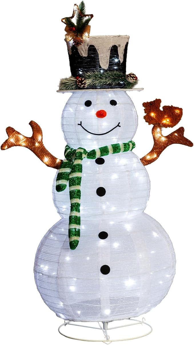 Snowman Outdoor Christmas Decorations with 120 LED Lights, 4ft Lighted Snowman with Metal Stand, Holiday Ornaments Xmas Decor for Home Porch Patio Yard Party (White with Squirrel, 4 FT)