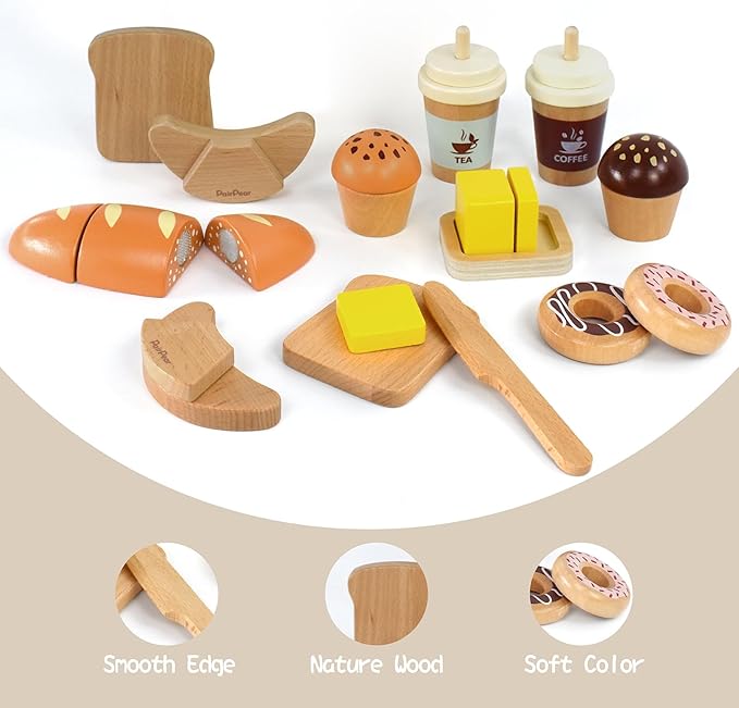 PairPear Wooden Bakery Toy Food Playset,Kids Pretend Play Food Kitchen Accessories with Shopping Bag,Toddlers Cutting Food Gift for Boys and Girls 3 Years and Up