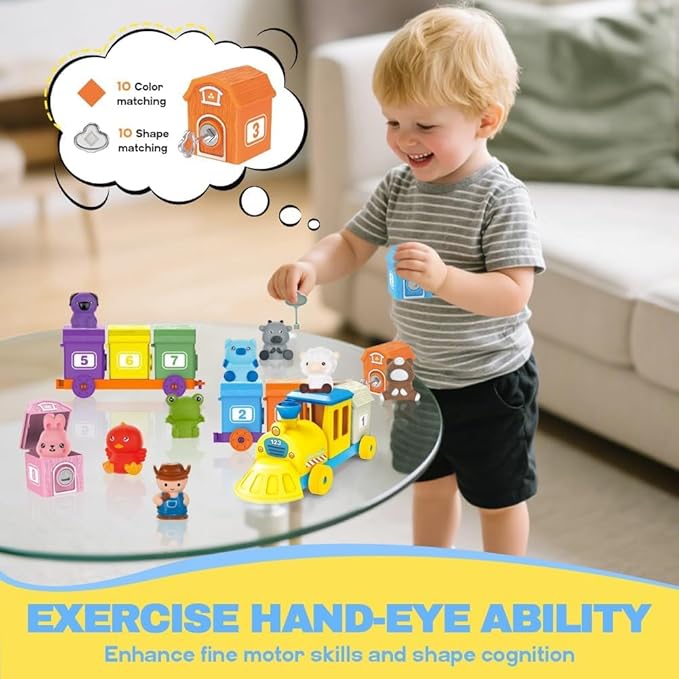 Farm Animals Train with 11 Finger Puppets, 10 Barns with Keys, Counting, Matching, Sorting Montessori Learning Toy for Toddlers 1 2 3 4 Years Old, Educational Birthday Gift for Boys Girls Kids, 36PCS