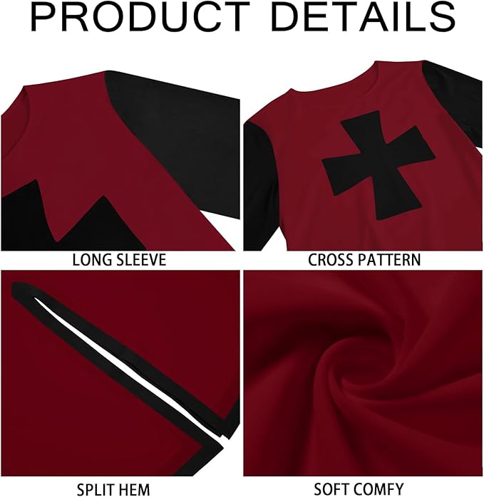 Ryannology Mens Crusader Costume Medieval Templar Renaissance Knight Warrior Tunic Retro Halloween Cosplay Top with Cross