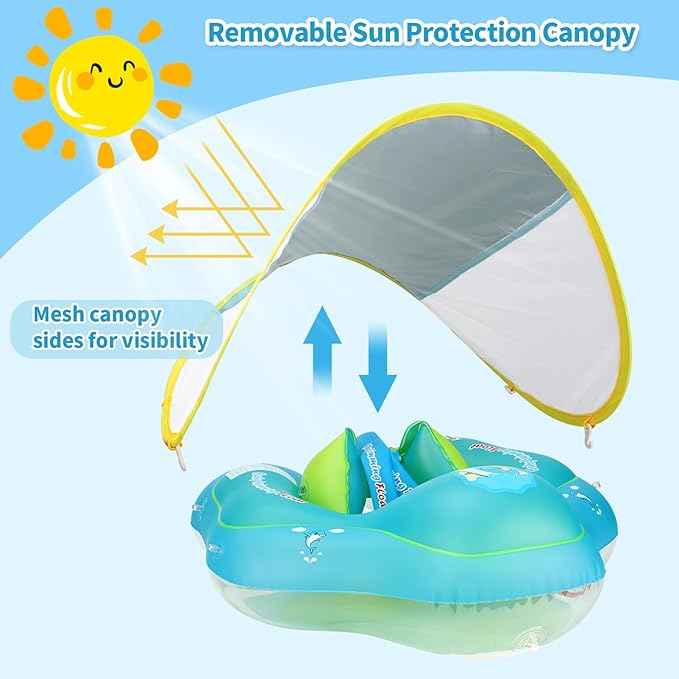 Free Swimming Baby Infant Pool Float with Sun Canopy Inflatable Baby Swimming Floatie with Sponge Safety Bottom Support Water Toys Swimming Trainer (Blue, Large)