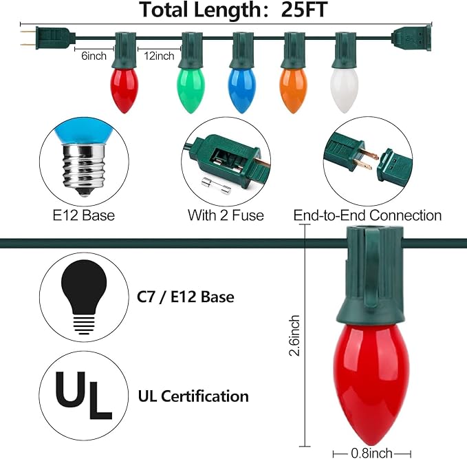 25FT C7 Ceramic Multicolor Christmas Lights Outdoor, Vintage Christmas Lights Green Wire with 25+2 Multicolored C7 Light Bulbs, Hanging String Light for Xmas Tree Home Yard Party Decor, 5W, E12 Base
