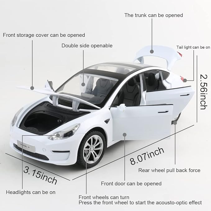 Zinc Alloy 3 Car Model,1:24 Scale Simulation Casting car Model Pull Back Diecast Toy Car, Mini Vehicles Toys with Lights and Music for Toddlers Kids Children Birthday Gift(White)