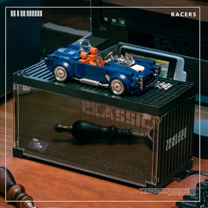 PB8818 1:32 Blue Convertible Sports Car Buliding Blocks Set, 317 Pieces Racing Toy Model Container Display Box, Clamping Blocks Car STEM Gift for Adults