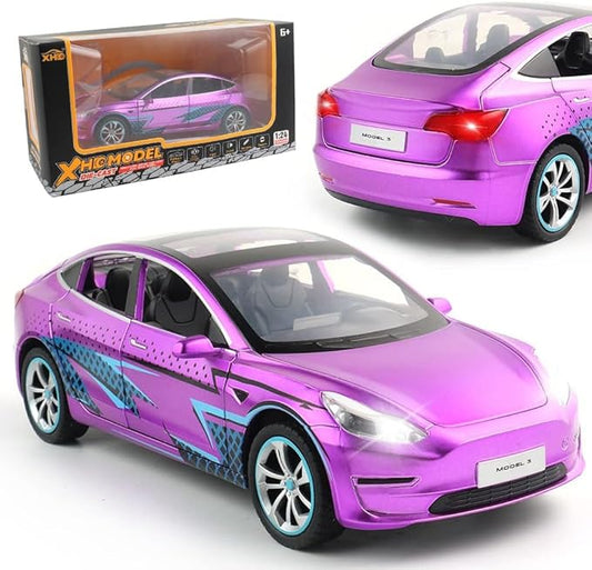 Zinc Alloy Model 3 Car Model,1:24 Scale Simulation Casting car Model Pull Back Diecast Toy Car, Mini Vehicles Toys with Lights and Music for Toddlers Kids Children Birthday Gift(Purple)