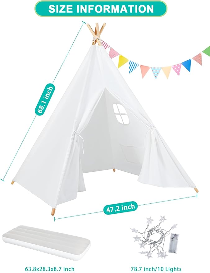Teepee Tent for Kids Sleepover Party 2 Pack: Inflatable Airbed & Star Lights & Colored Flag - Indoor Outdoor Toddler Play Tent for Girls Boys Birthday Gifts Slumber Party (White)