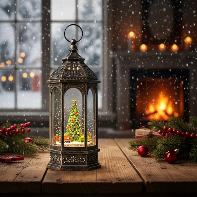 Christmas Snow Globe Lantern Octagon Rotating Train Christmas Tree Scene Music Box, USB and Battery Powered Christmas Decorations Presents.