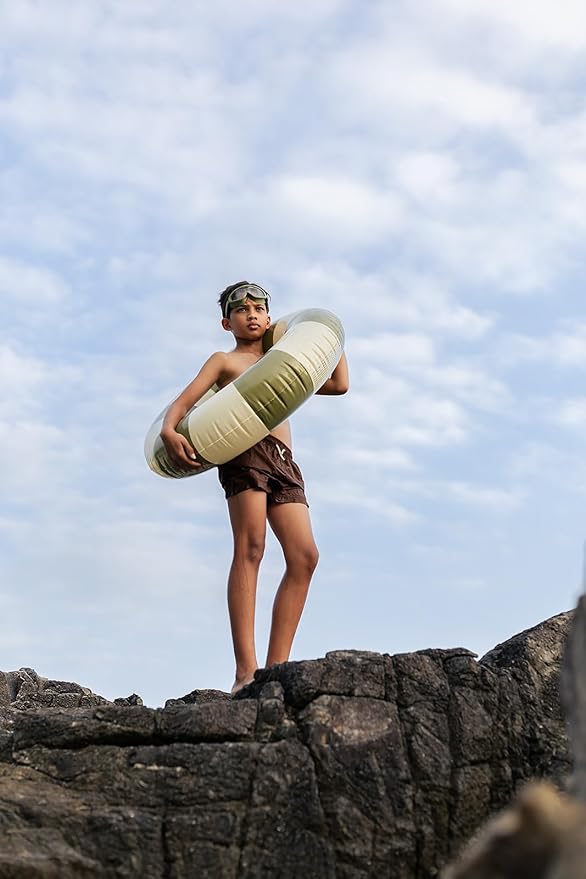 Petites-Pommes Float Ring for Kids - Durable Inner Tube, Handprinted Classic Striped Design Striped Pool Float, Soft Comfort Seaming, Packable Floats for Travel, Military Green, 35 inch