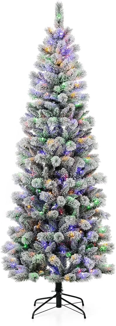 Glitzhome 7.5ft Prelit Christmas Tree, Flocked Artificial Christmas Tree, Pencil Christmas Tree Portland Snowy Pine with 300 Warm White/Multi-Color Lights, 9 Functional, Remote Controller