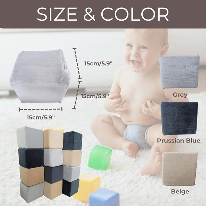 Wonder Space Plush Foam Blocks - Nursery Building & Stacking Toys for Toddlers Boys & Girls, Soft Smooth Velvet Cover, Early Education Gross Motor Skills & Brain Development (12 Cubes, Castle Rock)