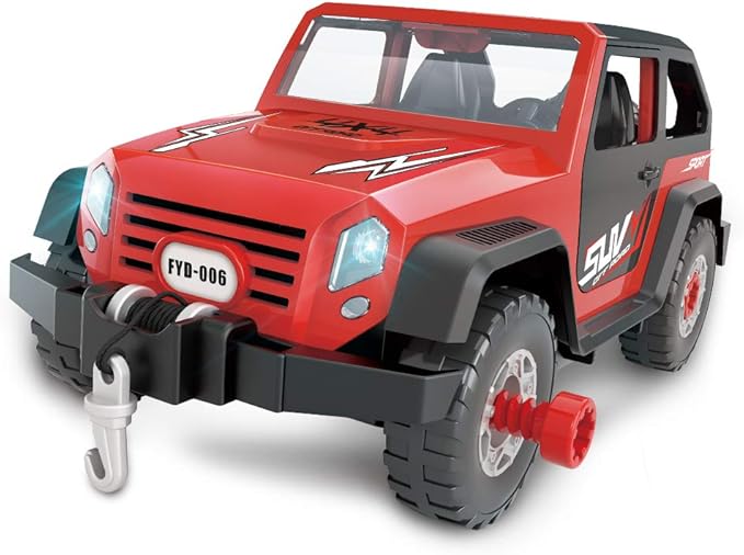 FYD 2in1 Take Apart Jeep Car STEM Learning Assembly Playset with Functional Battery-Powered Drill - Early Childhood Developmental Skills Construction Toy for Boys Kids Aged 3 and up