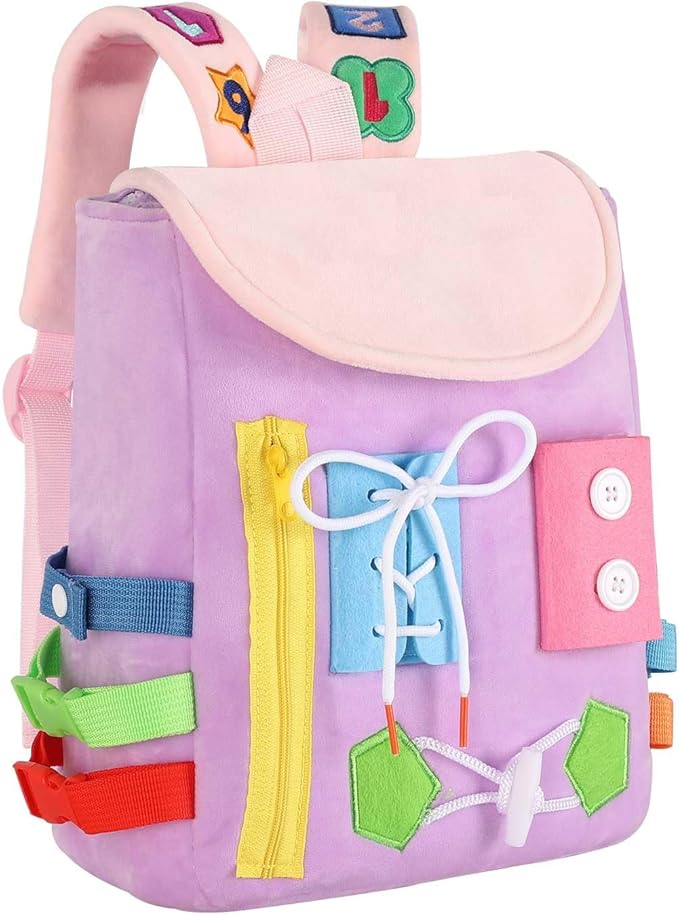 Busy Board - Toddler Backpack with Buckles and Learning Activity Toys - Develop Fine Motor Skills and Basic Life Skills - Learn to Tie Shoes - Children's Travel Toy (Purple)