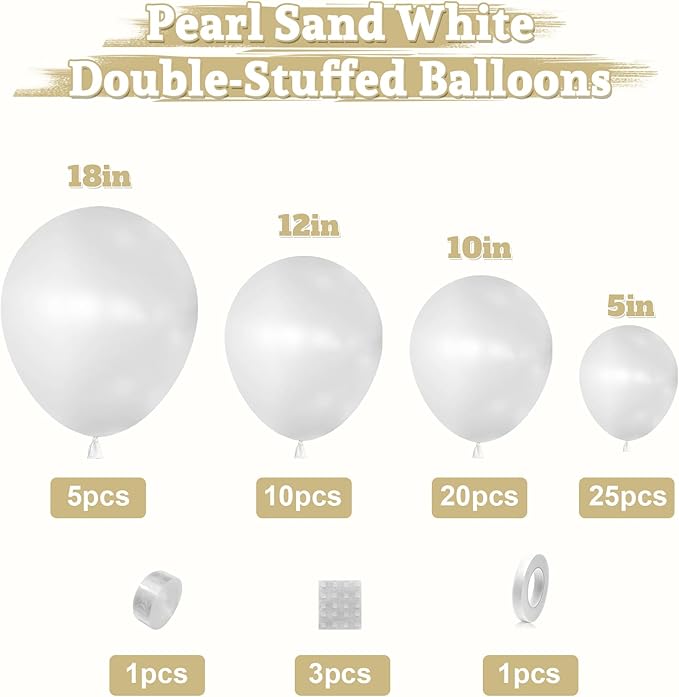 Pearl White Double-Stuffed Balloons Arch Garland Kit, 60 Pack 18/12/10/5 Inch Different Size Standard White Pearl Balloons for Wedding Bridal Shower Anniversary Birthday Engagement Decor