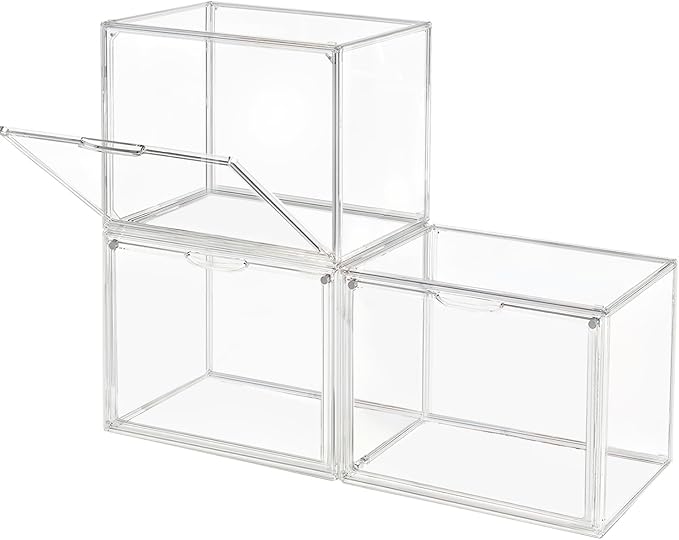 Clear Stackable Plastic Storage Bins with Magnetic Lid, Dustproof Book & Cosmetic Display Cases, Large Figures Collectibles Showcase, Shoe Box, Protection Organizer (Transparent, L-3 Pack)