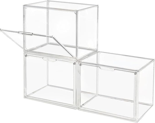 Clear Stackable Plastic Storage Bins with Magnetic Lid, Dustproof Book & Cosmetic Display Cases, Large Figures Collectibles Showcase, Shoe Box, Protection Organizer (Transparent, L-3 Pack)