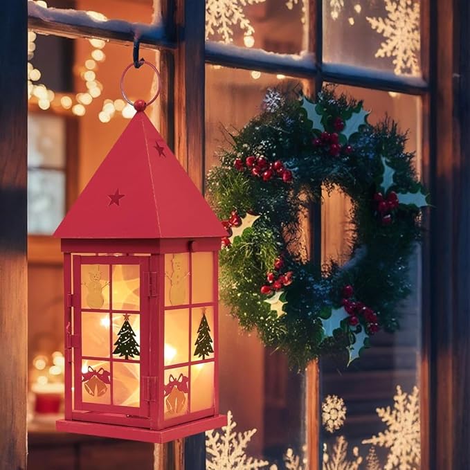NEEDOMO Christmas Decorations for Home, 15'' Decorative Christmas Lantern Indoor Outdoor Decor, Metal Hanging Candle Holder with Xmas Snowman Bells and LED String for Table Centerpieces, Patio (Red)