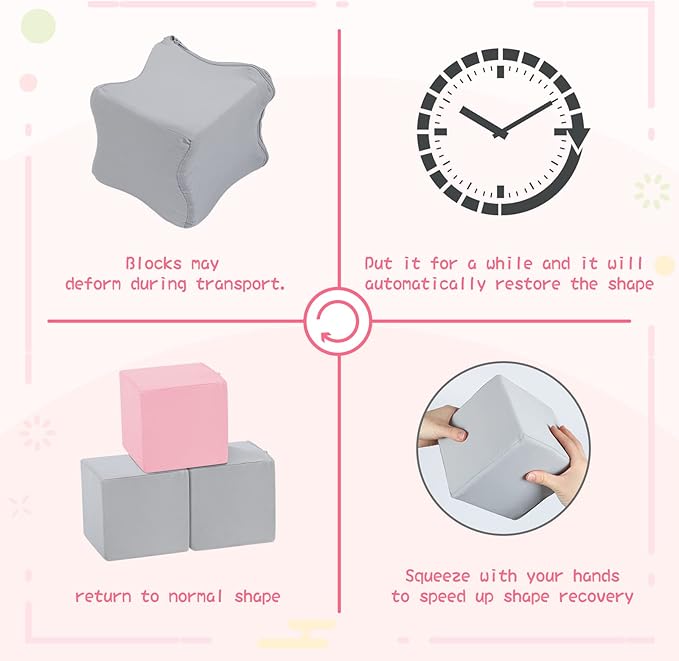 TRENDBOX 6 Pcs Toddler Foam Blocks, 5.5inch Soft Foam Cubes Blocks with Detachable Washable Cover, Soft Play Blocks for Toddlers and Kid （Light Gray & Pink）