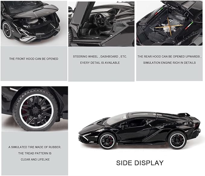 Diecast Toy Car Sian FKP37 Sports Model Car,Zinc Alloy Simulation Casting Pull Back Vehicles,1:32 Scale Supercar Toys with Lights and Music Sound for Toddlers Kids Children Boys Girls Gift (Black)