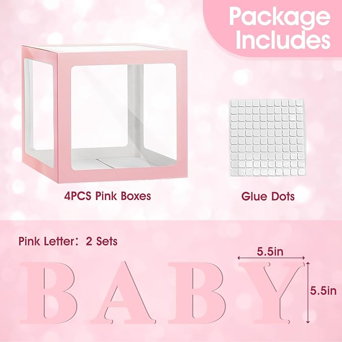 Ledido Baby Boxes with Letters for Baby Shower Decorations, 4 pcs Clear Baby Balloon Boxes Blocks for Baby Shower Decor with Letters for Boy Girl Gender Reveal Decorations Backdrop Party (Pink)