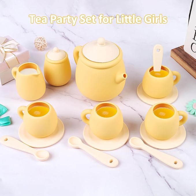 MCGMITT Toy Tea Set, Silicone Tea Party Set for Little Girls Boys, 15 Pcs BPA Free Dishwasher Safe Pretend Tea Set for Toddlers Kids Age 3-6, Non Breakable Cute Toy Kitchen Accessories for Children