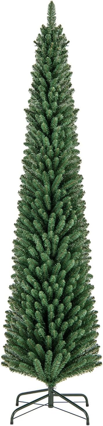 GOFLAME 8FT Pencil Christmas Tree, Slim Artificial Xmas Tree with 671 Memory Wire Branch Tips & Upgraded Metal Stand, Seasonal Holiday Decoration Tree for Home Office Party