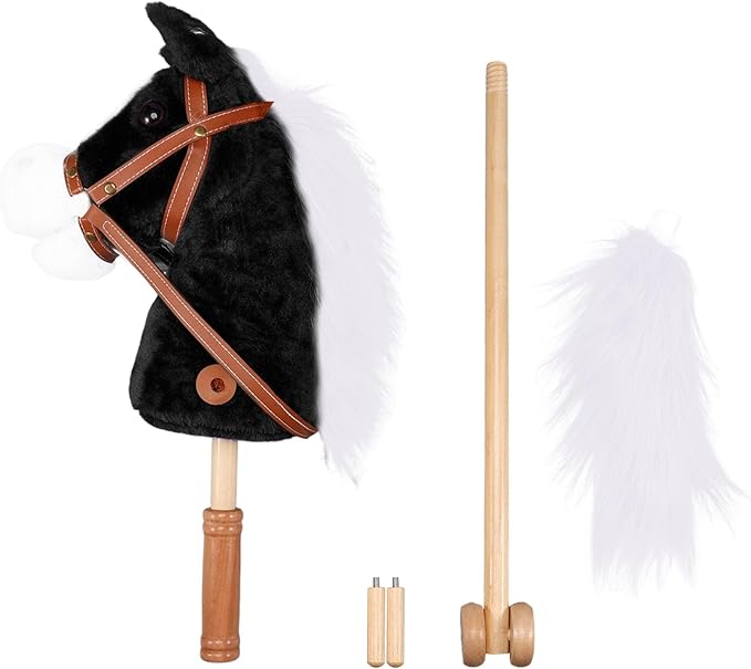 Plush Stick Horse with Wood Wheels Real Pony Neighing and Galloping Sounds Plush Toy, Stick Pony Provides Fun Pretend Play for Toddlers & Preschoolers (AA Batteries Required)