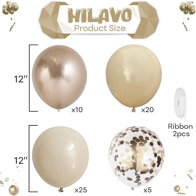 Beige and Champagne Gold Balloon Set, 60Pcs 12 Inch Nude Cream Retro White Sand Balloons with Metallic Champagne Gold Confetti Latex Balloons for Birthday Wedding Baby Bridal Shower Party Decorations
