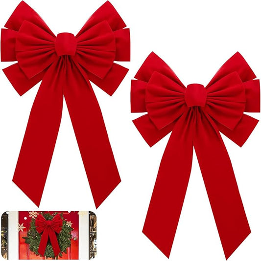MEWTOGO 2 Pcs Large Christmas Red Wreath Bows - 23.6×15.7 in Velvet Red Bows with Golden Tie, Easy Hanging for Window Stairs Outdoor Porch Christmas Decoration Gifts Indoor Party Supplies