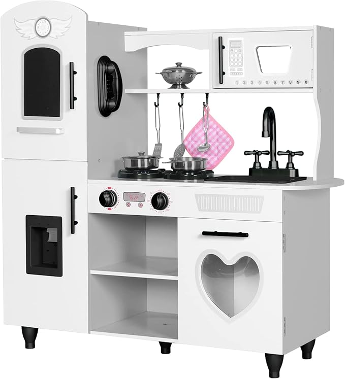 TaoHFE Wooden Kitchen Playset for Toddlers - Kitchen Toy Set with Lights & Sounds for Pretend Play, Gift for Kids Age 3+ (White)