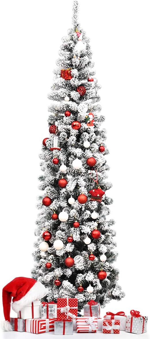 Happygrill 7.5FT Snow Flocked Pencil Christmas Tree Artificial Xmas Tree for Indoor Outdoor, Slim Christmas Tree for Festival Decoration