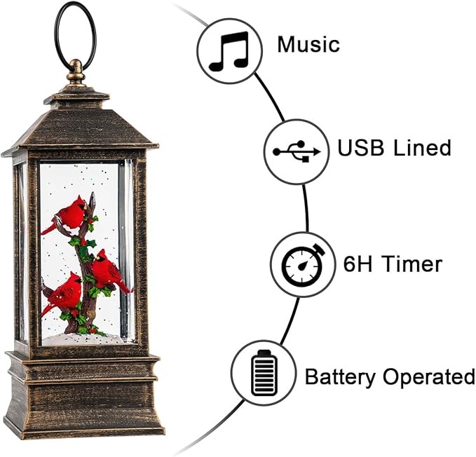 10'' Lighted Cardinal Music Snow Globe Water Lantern with Swirling Glitter Decoration for Christmas Home, Living Room, Battery Operated or USB Powered
