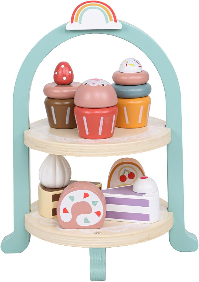Wooden Dessert Cake Play Food Set Toys, Pretend Play Kids Tea Party Set for Little Girls Toddlers, Montessori Wooden Play Kitchen Accessories Sets for Kids