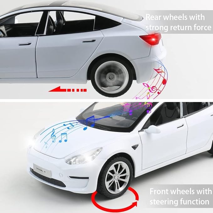 Zinc Alloy 3 Car Model,1:24 Scale Simulation Casting car Model Pull Back Diecast Toy Car, Mini Vehicles Toys with Lights and Music for Toddlers Kids Children Birthday Gift(White)