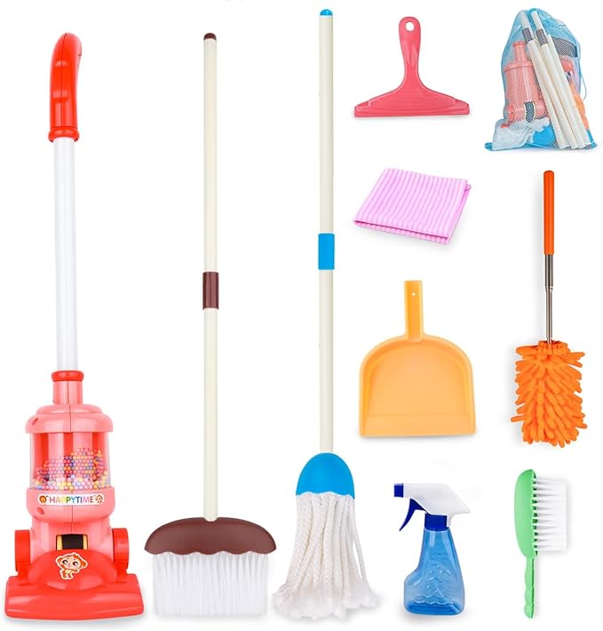 Meland Kids Cleaning Set - 8Pcs Toddler Broom and Toy Vacuum Cleaner, Pretend Play Children House Cleaning Toys, Christmas Birthday Gift for Girls and Boys