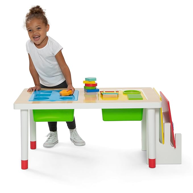 Delta Children Play and Learn Sensory Table for Kids Includes Shape Sorting, Building Block Baseplate, Gears and Musical Instruments - Use as Sand/Activity Table, White/Primary