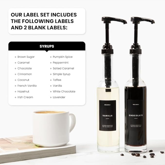 Molimoli Set of 4, 350ml, Coffee Syrup Dispenser for Coffee Bar, Coffee Pump Dispenser, Glass Syrup Bottle w. Pumps, Simple Syrup Dispenser w. Labels (Black)