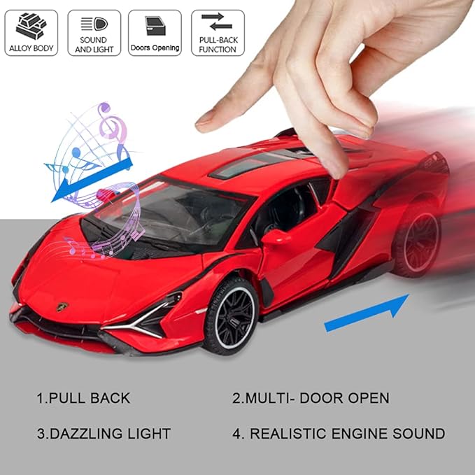 Diecast Toy Car Sian FKP37 Sports Model Car,Zinc Alloy Simulation Casting Pull Back Vehicles,1:32 Scale Supercar Toys with Lights and Music Sound for Toddlers Kids Children Boys Girls Gift (Red)