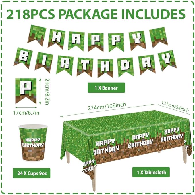 218pcs Green Birthday Party Decorations Plates Napkins Banner Tablecloth Disposable Paper Cups Straws Green Forks Party Supplies Tableware Set for Boys Kid Teen Birthday Decor Serves 24