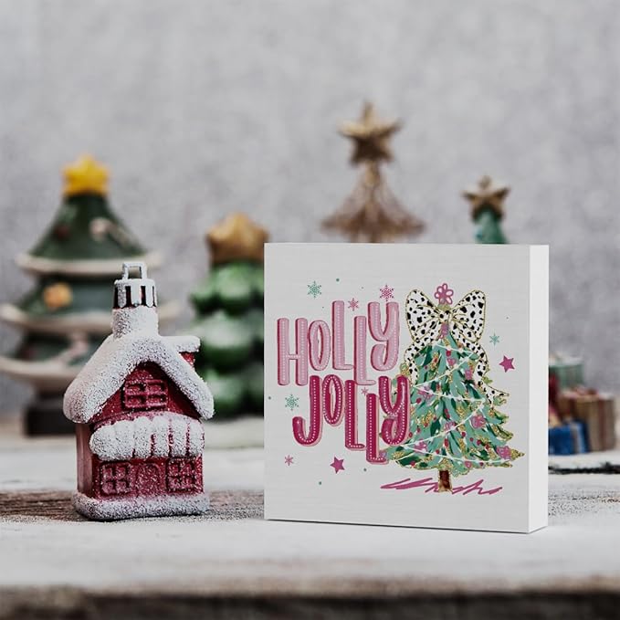Pink Merry Christmas Wall House Decor Holly Jolly Christmas Tree Coquette Sign, Office Home Decor for Desk Table Shelf 5 X 5 inch