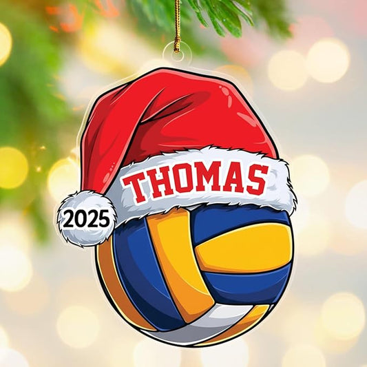 Personalized Year & Name Volleyball Player Christmas Ornament 2025, Volleyball Shaped Xmas Ornament Gift for Volleyballs Lover Coach Team, Custom Volleyballs Sport with Santa Hat Decor Xmas Ornaments